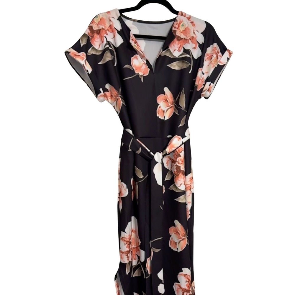 Floral Maxi Dress V Neck Short Sleeve Belted Black XL‎ EUC Summer Comfort